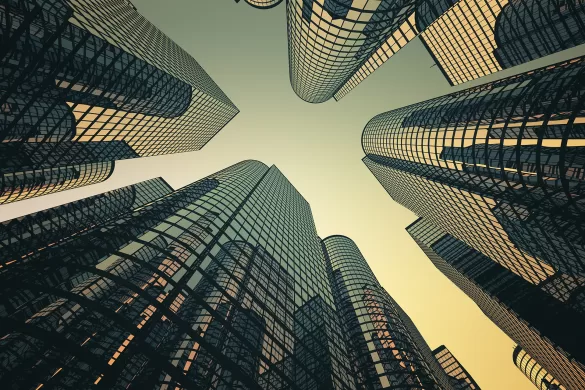 Reflective skyscrapers, business office buildings.