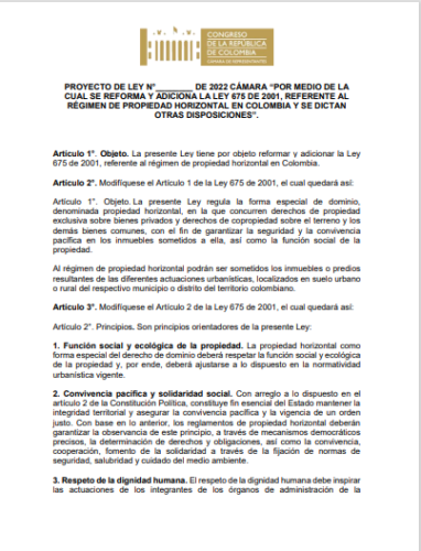 PROYECTO DE LEY 205 DE 2022 REFORMA A LA LEY 675 DE 2001 RÉGIMEN DE ...